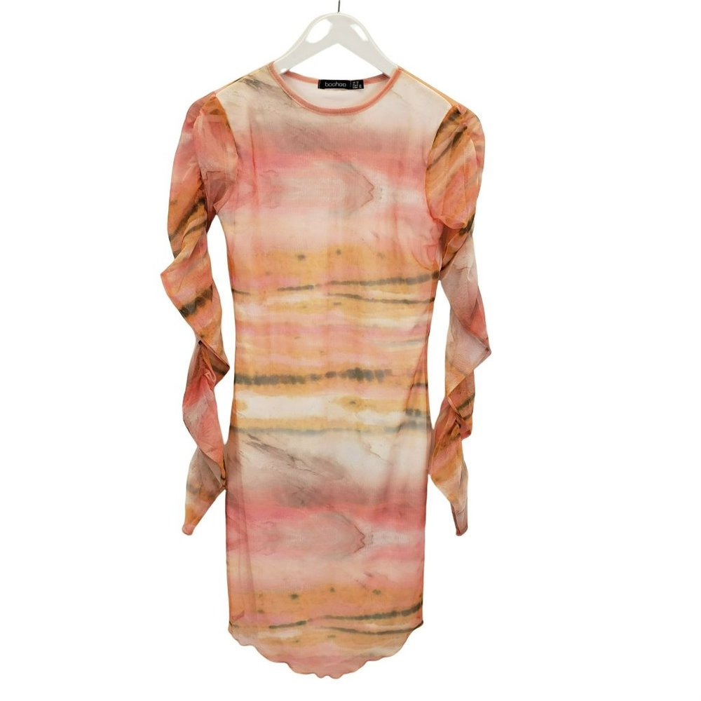 Boohoo Mesh Overlay Watercolor Bodycon Dress